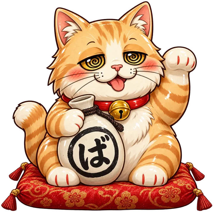 丸で囲んだ「ば」の白い徳利を抱えた、渦巻きの目と赤いほっぺの招き猫
