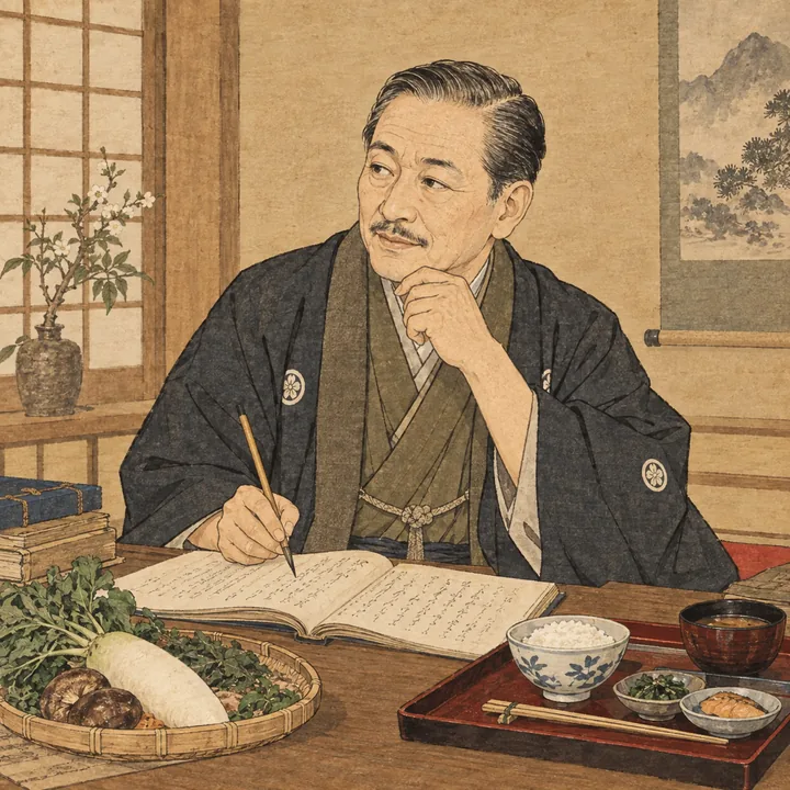 料理帳と膳を前に筆を執る本山荻舟の彩色画